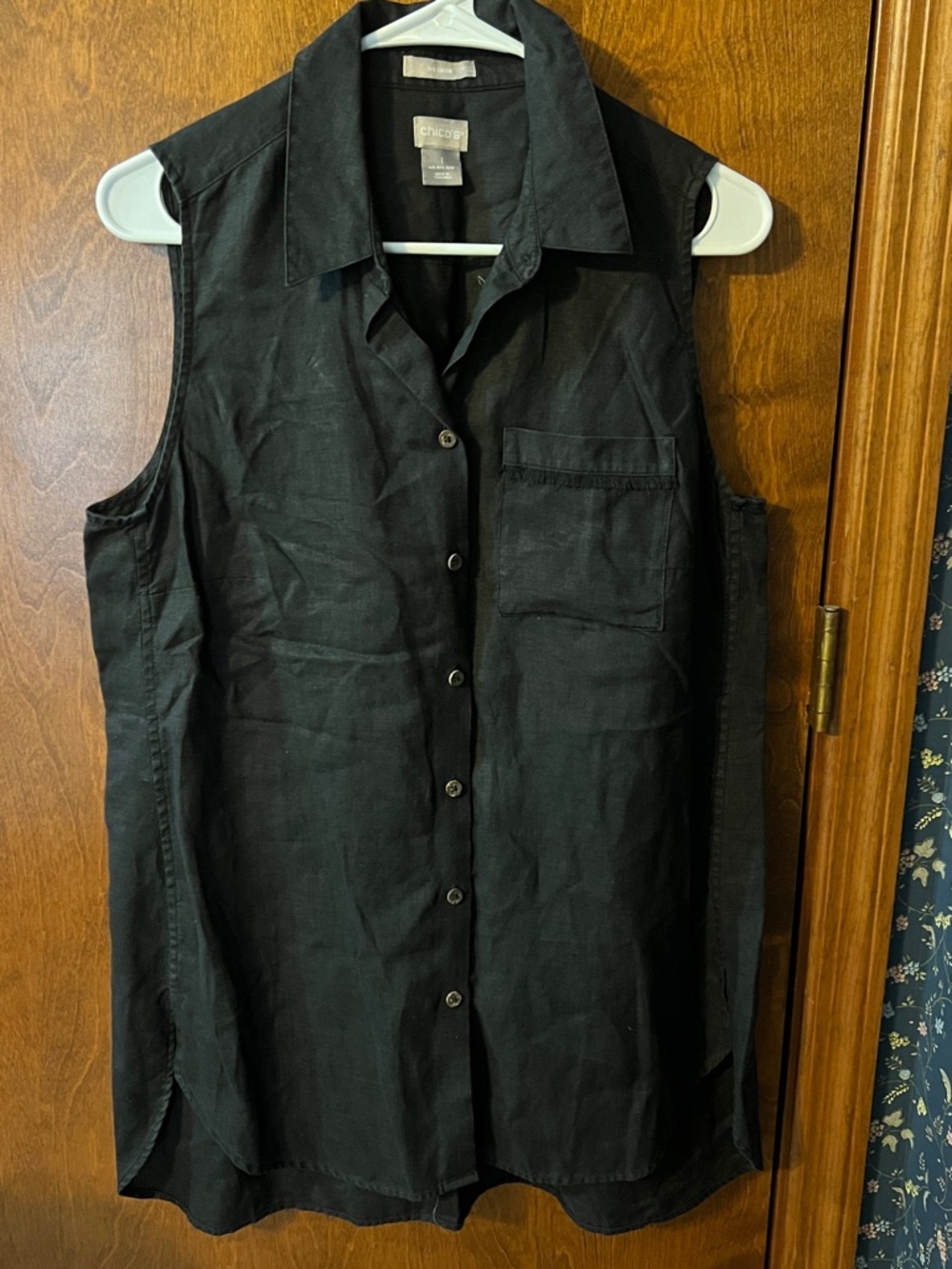 Chico's Black Sleeveless 100% Linen Button-Down Shirt Sz 1 (US: 8/ 10)